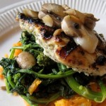 grilled chicken with mashed sweet potato broccoli rabe apple butter mushrooms