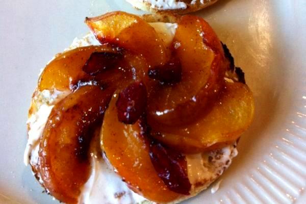 Nothing dresses up an English Muffin like some cream cheese and lightly cooked fruit.