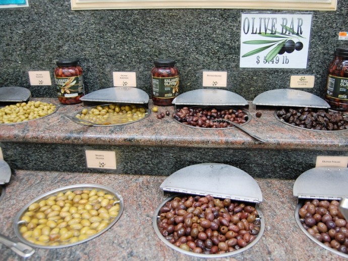 The olive bar—a bargain at $5.49 per pound—offers kalamatas of all sizes, plus lesser-known Greek favorites such as kalamon (a dark, meaty variety) and halkidiki (a tangy green type).